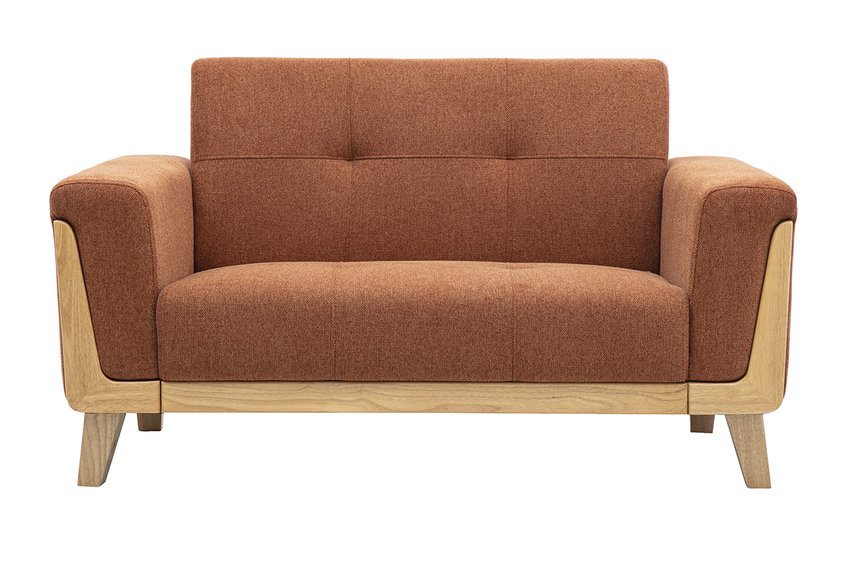 Canap� scandinave 2 places en tissu effet velours textur� terre br�l�e et bois clair FJORD