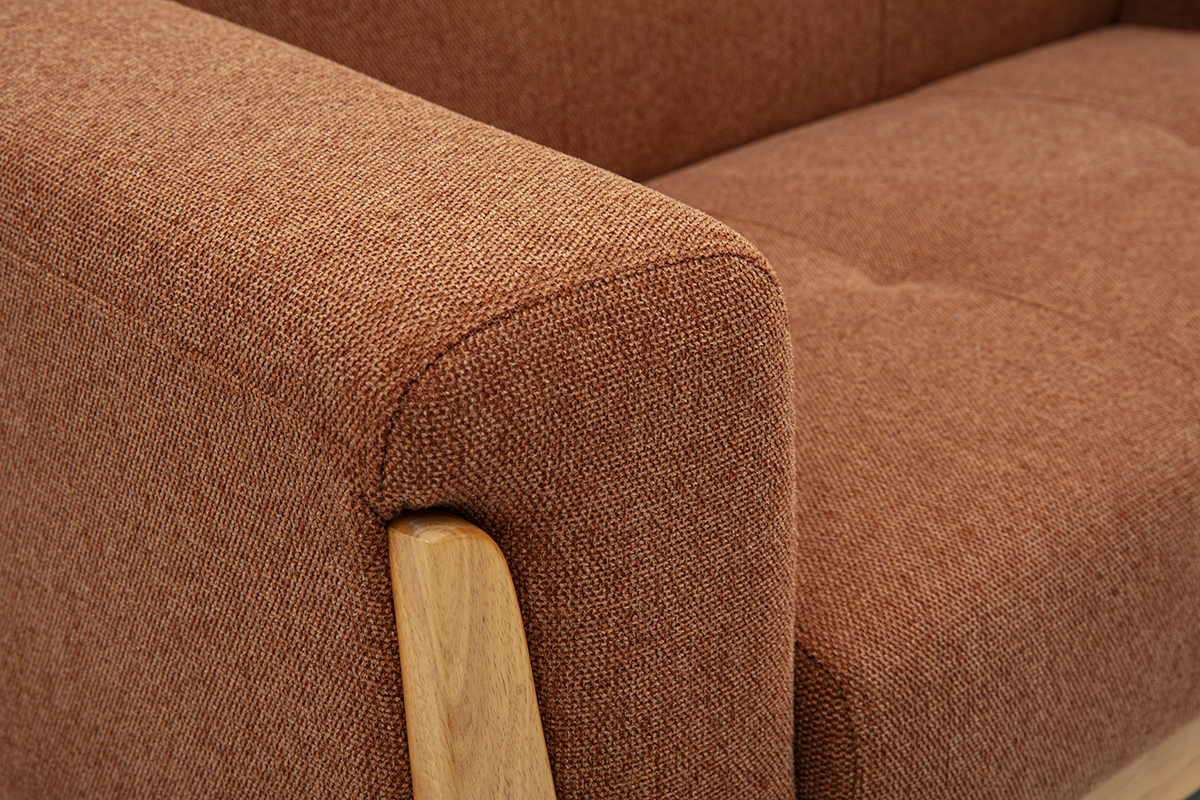Canap� scandinave 2 places en tissu effet velours textur� terre br�l�e et bois clair FJORD