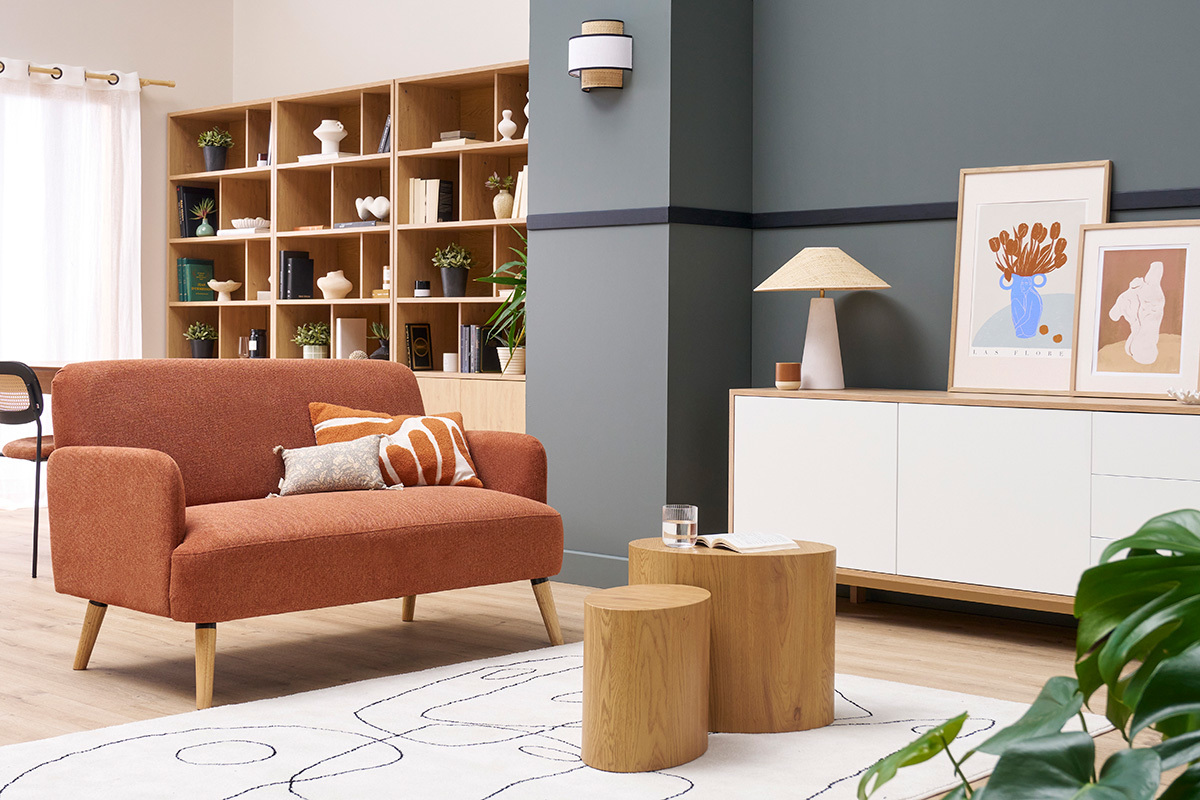 Canap scandinave 2 places en tissu effet velours textur terre brle et bois clair ISKO