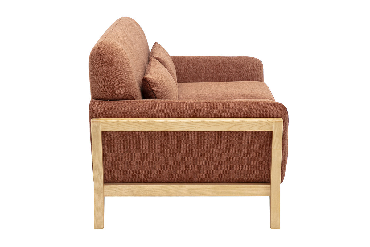 Canap� scandinave 2 places en tissu effet velours textur� terre br�l�e et bois clair YOKO