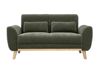 Canap&eacute; scandinave 2 places en tissu effet velours vert kaki et bois clair EKTOR