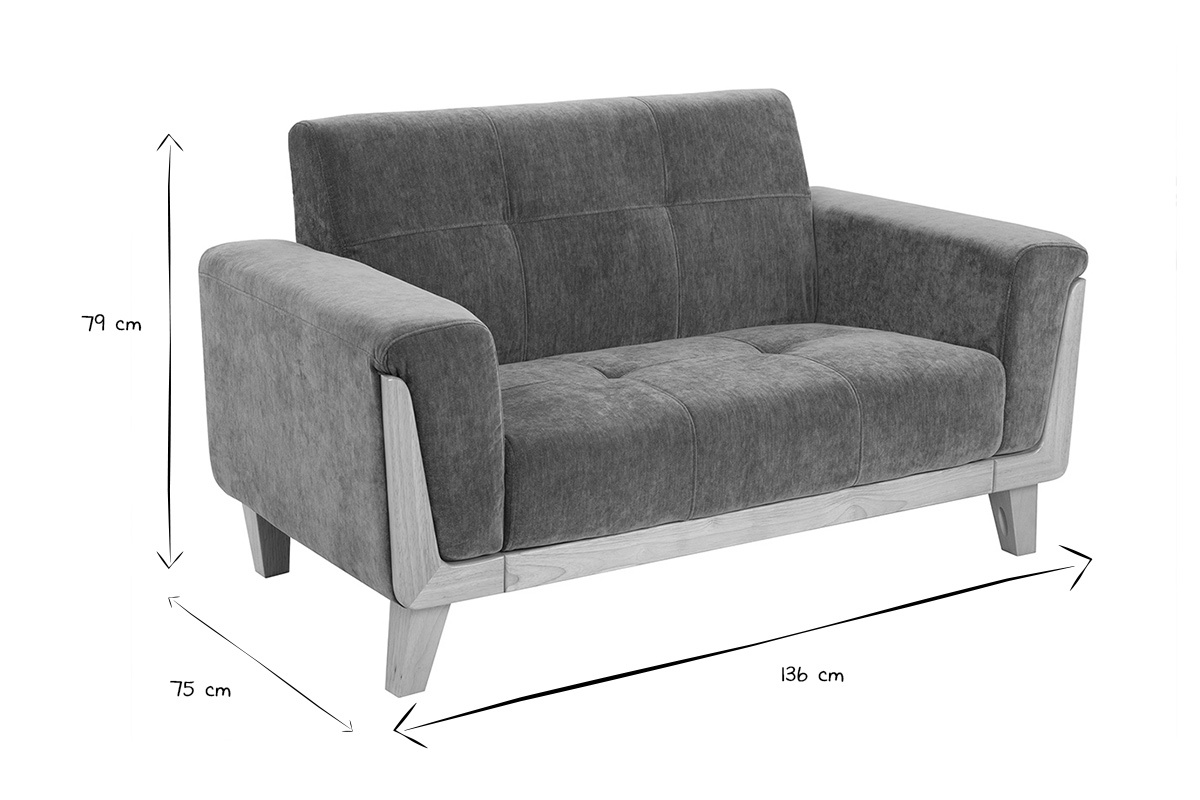 Canap scandinave 2 places en tissu effet velours vert kaki et bois clair FJORD