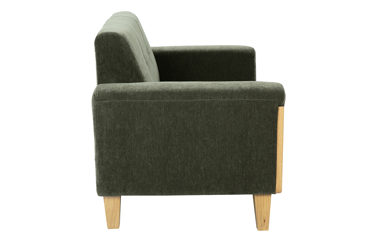 Canap scandinave 2 places en tissu effet velours vert kaki et bois clair FJORD