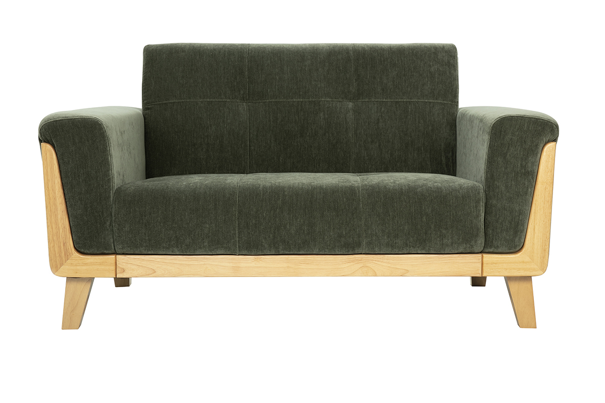 Canap scandinave 2 places en tissu effet velours vert kaki et bois clair FJORD