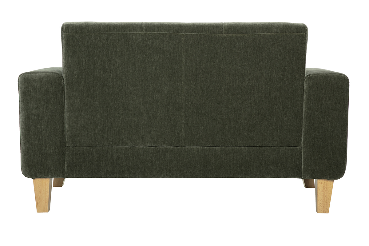 Canap scandinave 2 places en tissu effet velours vert kaki et bois clair FJORD