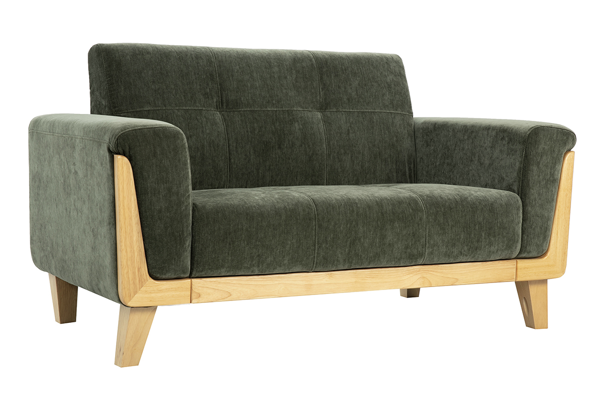 Canap scandinave 2 places en tissu effet velours vert kaki et bois clair FJORD