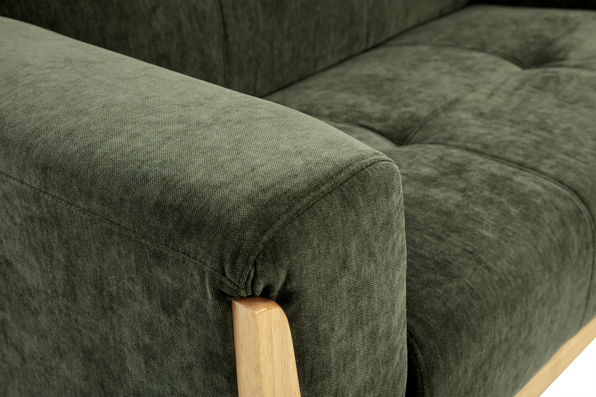 Canap scandinave 2 places en tissu effet velours vert kaki et bois clair FJORD