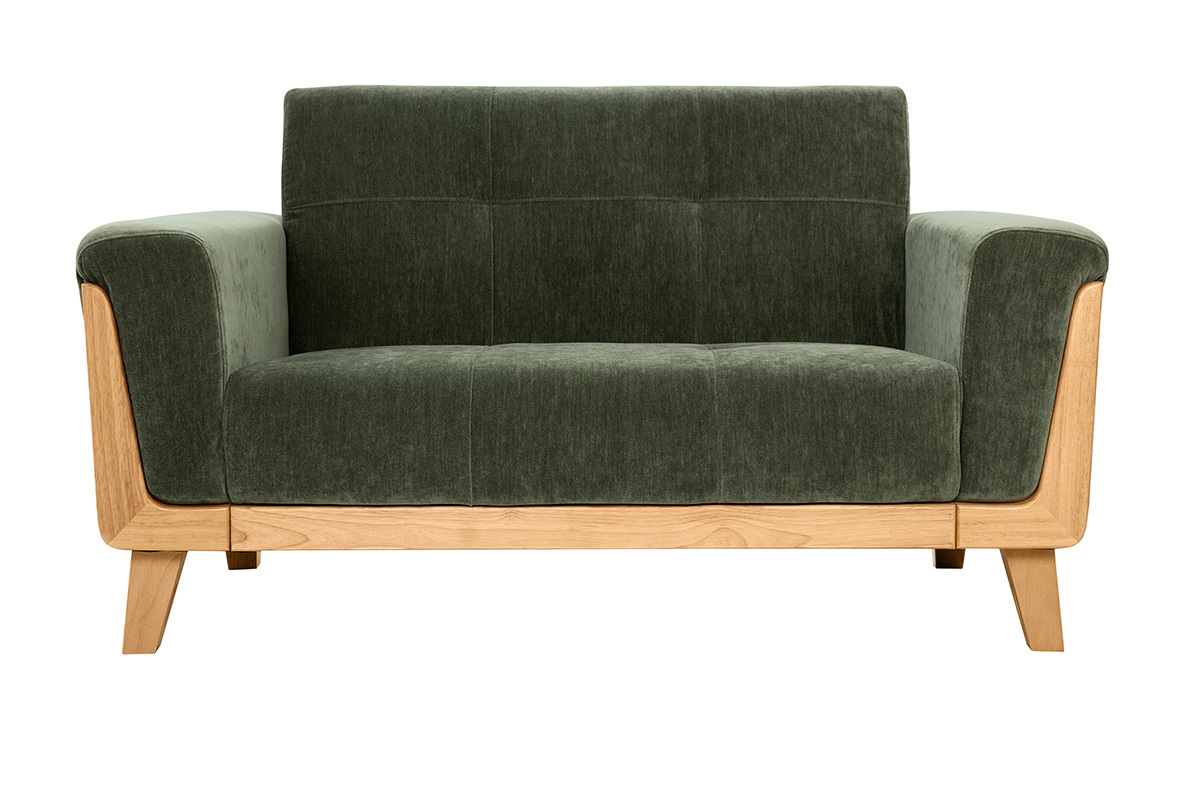 Canap scandinave 2 places en tissu effet velours vert kaki et bois clair FJORD
