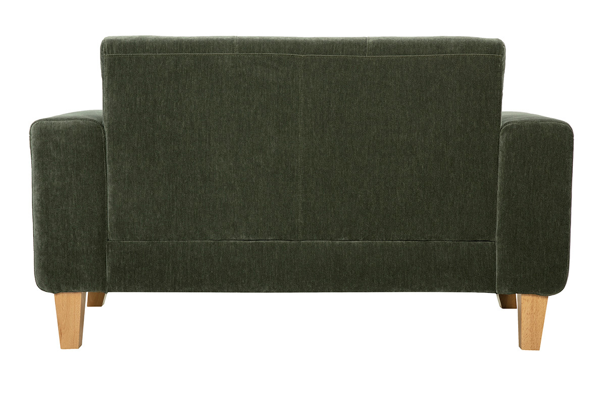 Canap scandinave 2 places en tissu effet velours vert kaki et bois clair FJORD