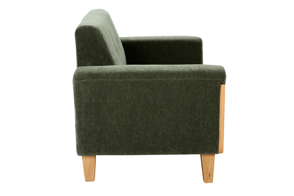 Canap scandinave 2 places en tissu effet velours vert kaki et bois clair FJORD