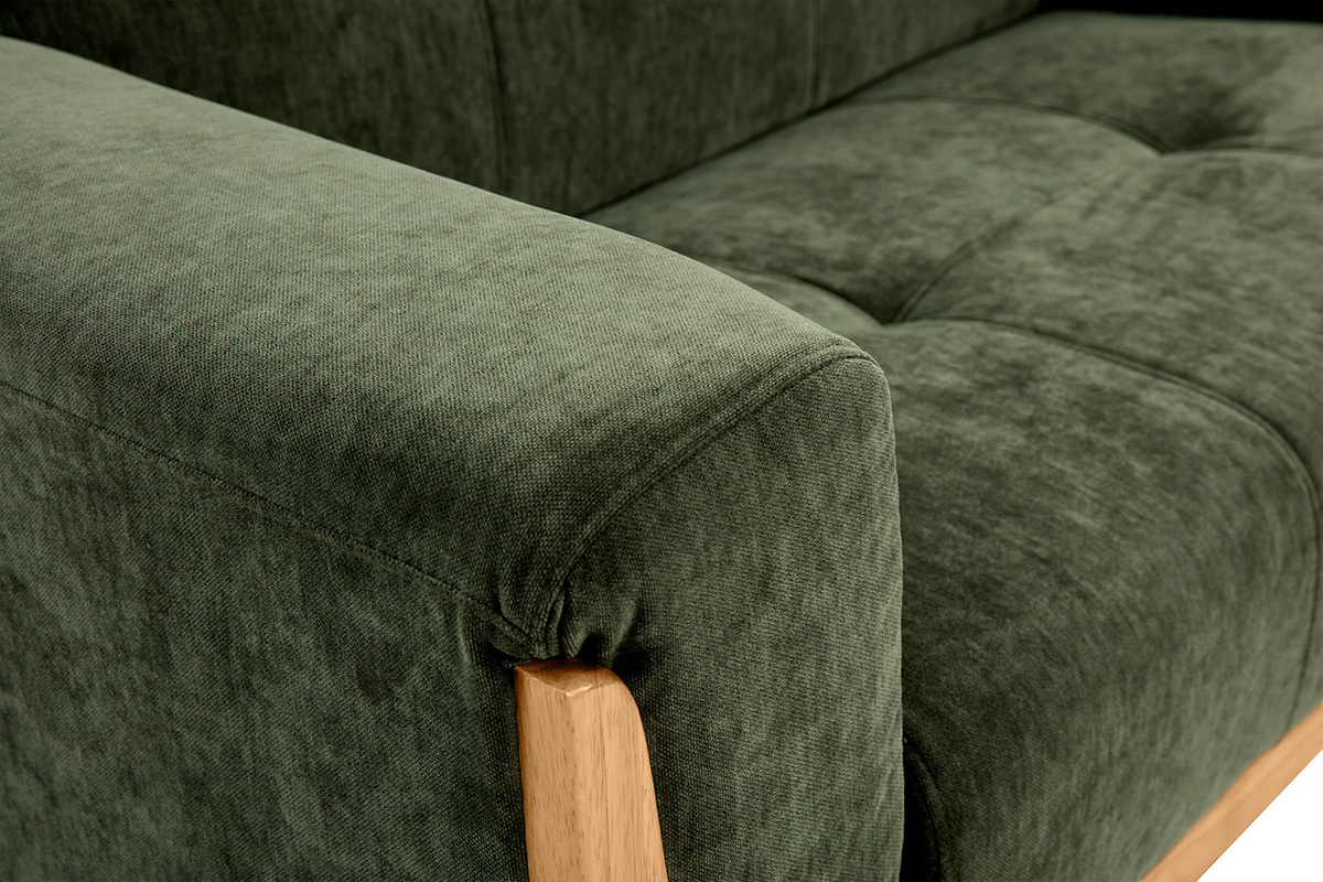 Canap scandinave 2 places en tissu effet velours vert kaki et bois clair FJORD