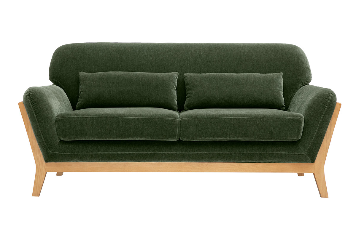 Canap� scandinave 2 places en tissu effet velours vert kaki et bois clair YOKO