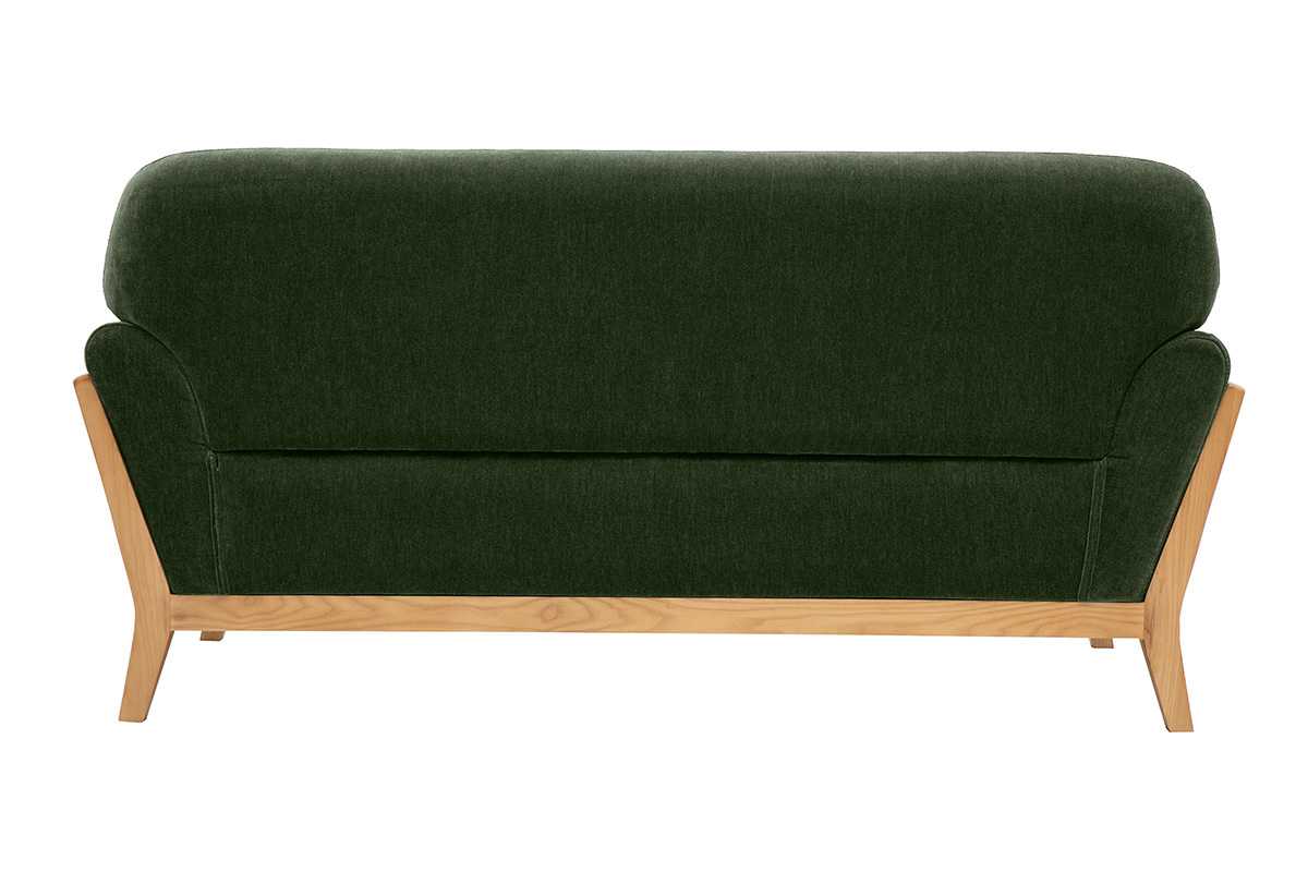 Canap� scandinave 2 places en tissu effet velours vert kaki et bois clair YOKO