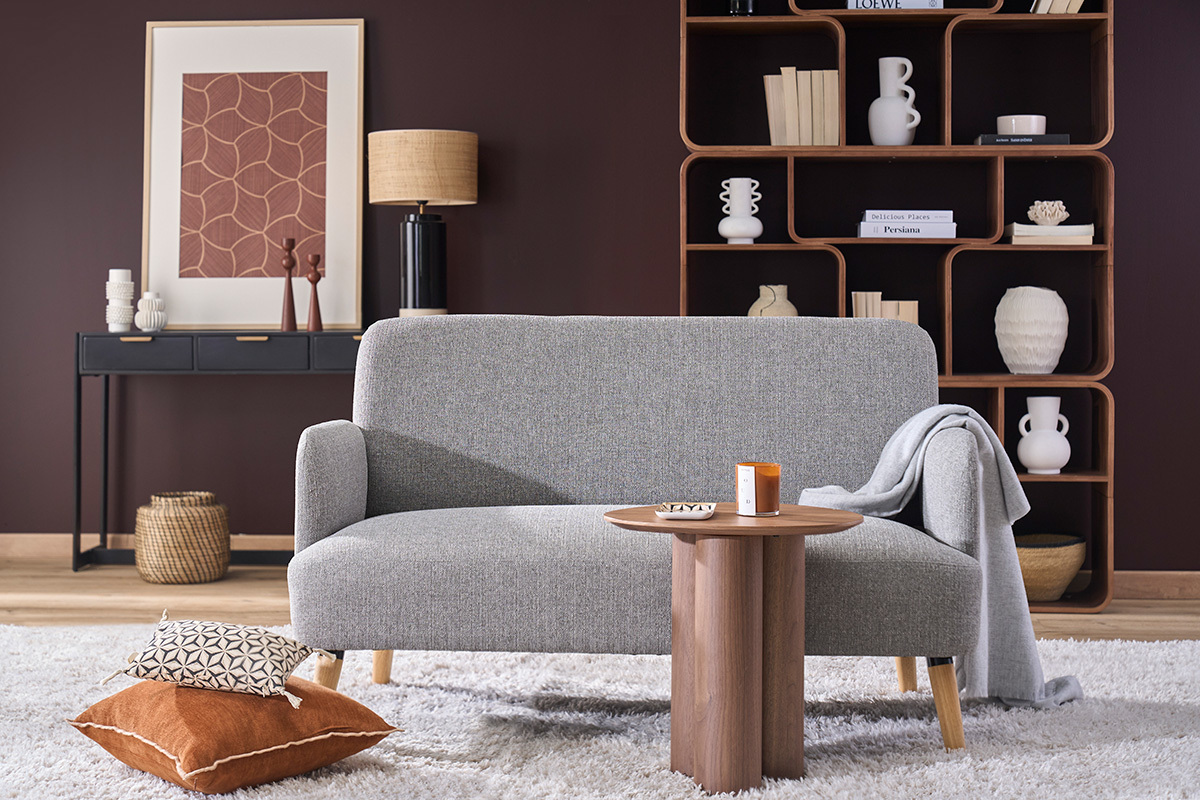 Canap� scandinave 2 places en tissu gris clair et bois clair ISKO