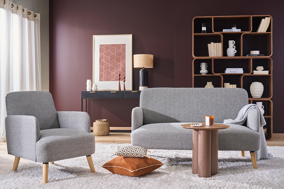 Canap� scandinave 2 places en tissu gris clair et bois clair ISKO