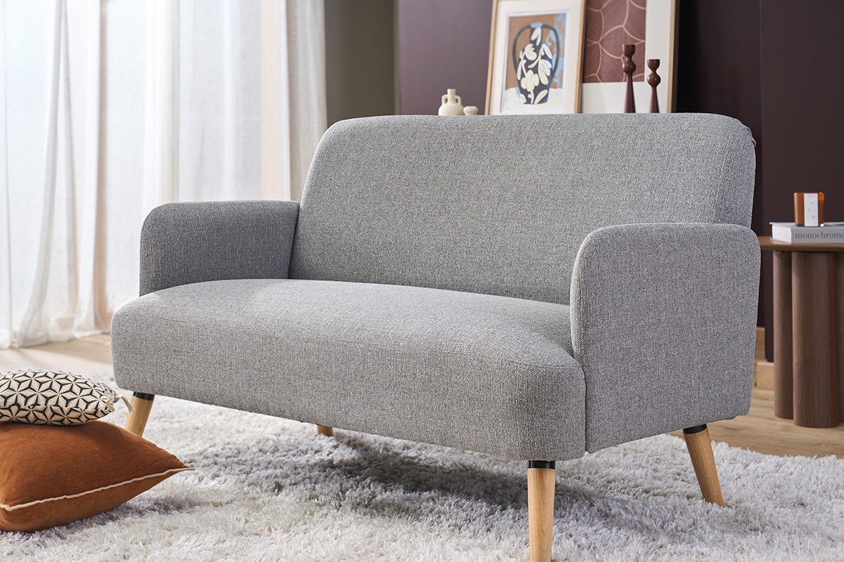 Canap� scandinave 2 places en tissu gris clair et bois clair ISKO