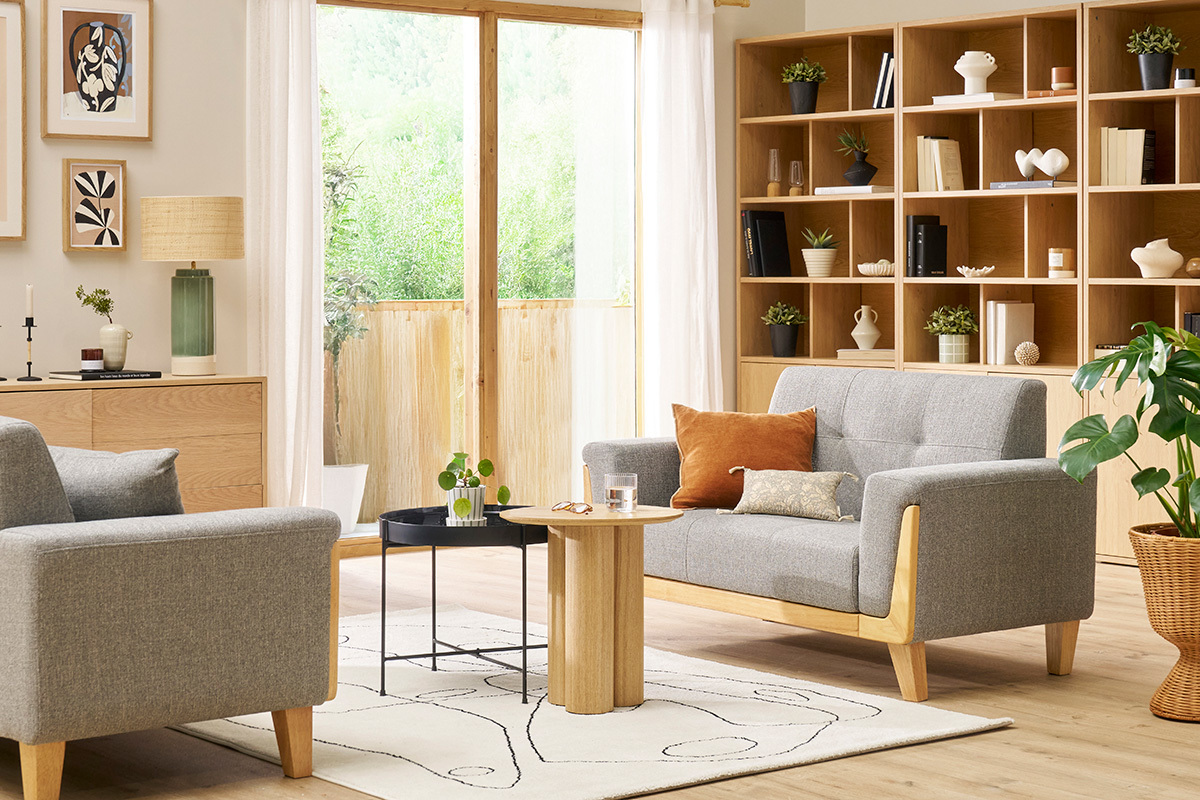 Canap scandinave 2 places en tissu gris et bois clair FJORD