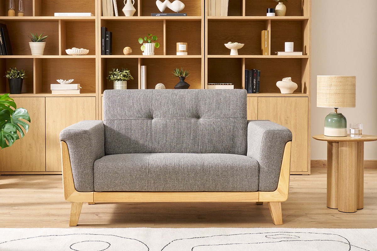 Canap scandinave 2 places en tissu gris et bois clair FJORD