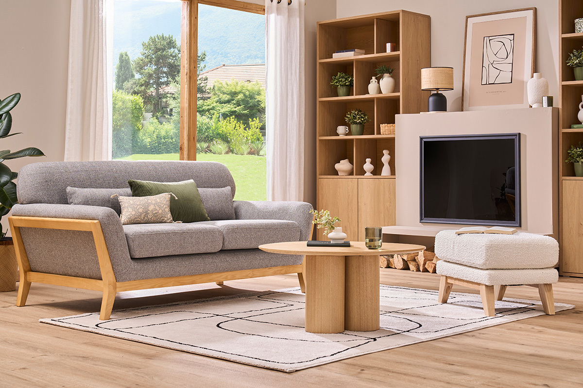 Canap scandinave 2 places en tissu gris et bois clair YOKO