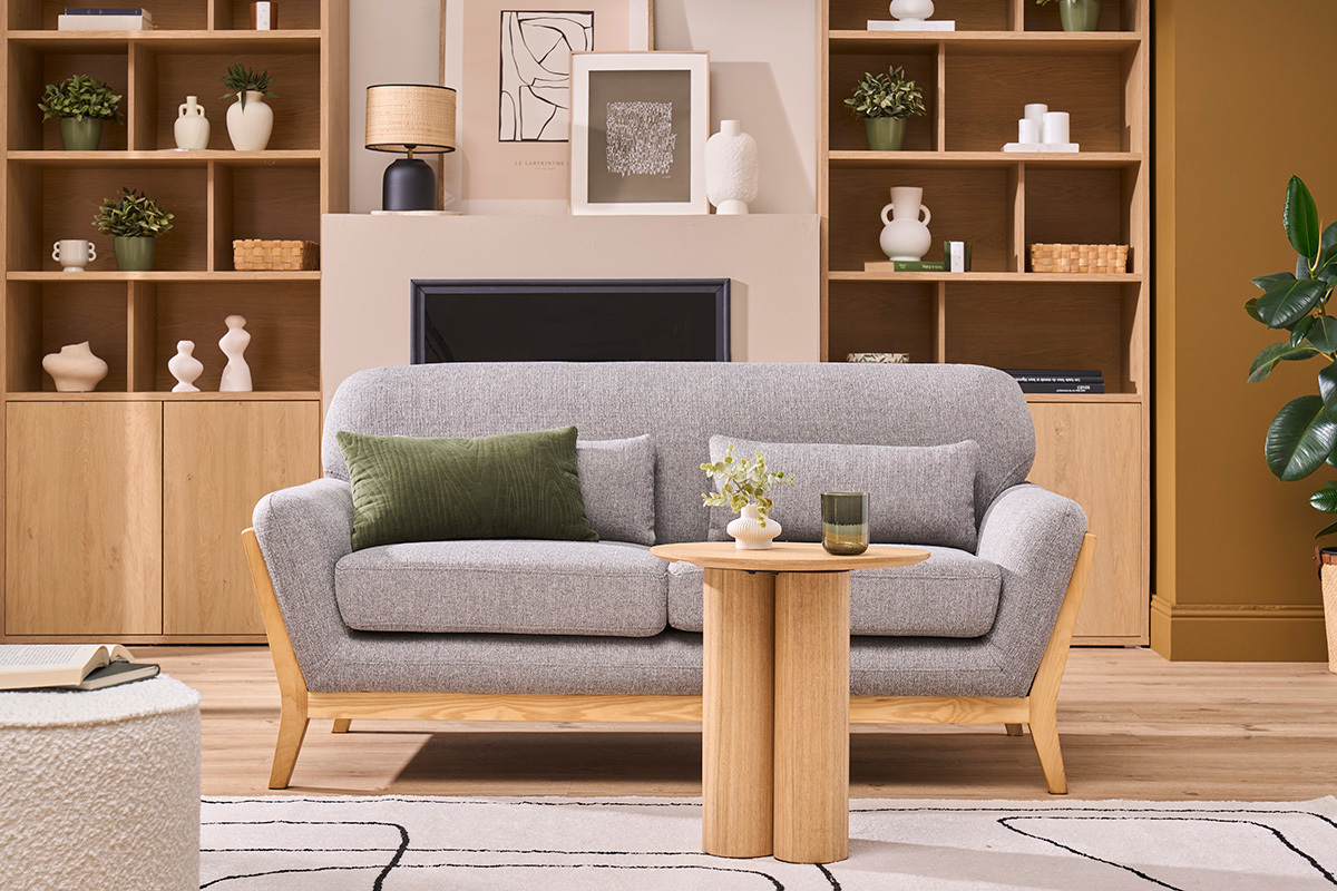 Canap scandinave 2 places en tissu gris et bois clair YOKO