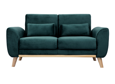 Canapé scandinave 2 places en tissu velours bleu pétrole et bois clair EKTOR