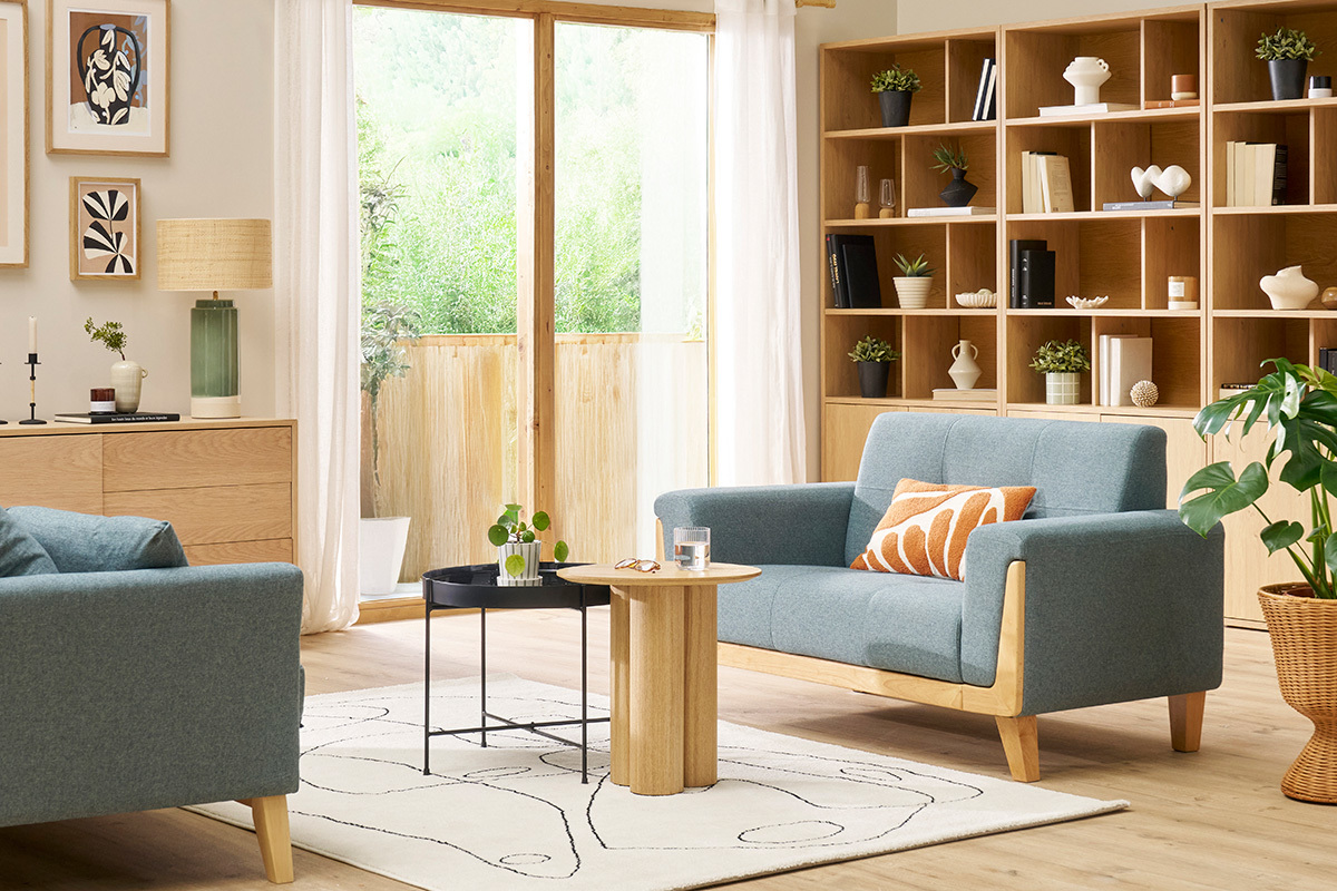 Canap scandinave 2 places en tissu vert de gris et bois clair FJORD