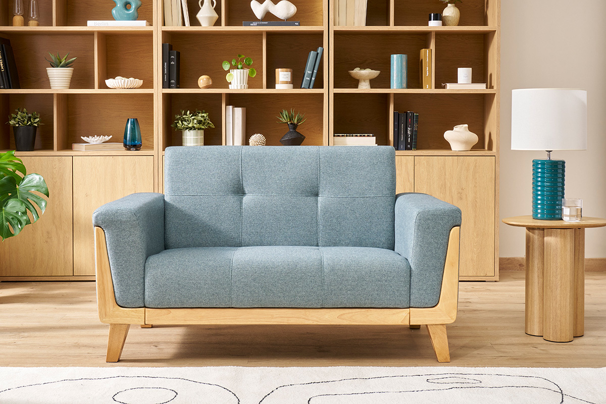 Canap scandinave 2 places en tissu vert de gris et bois clair FJORD