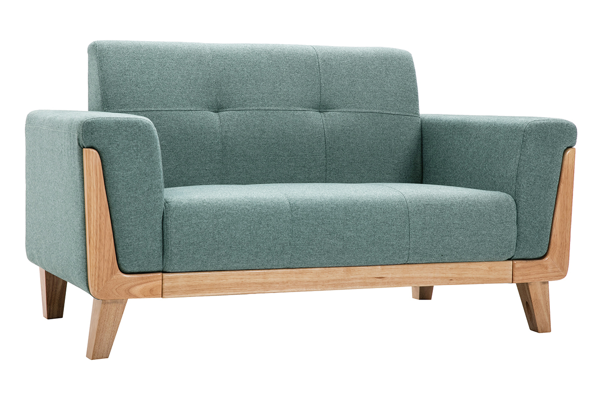 Canap scandinave 2 places en tissu vert de gris et bois clair FJORD