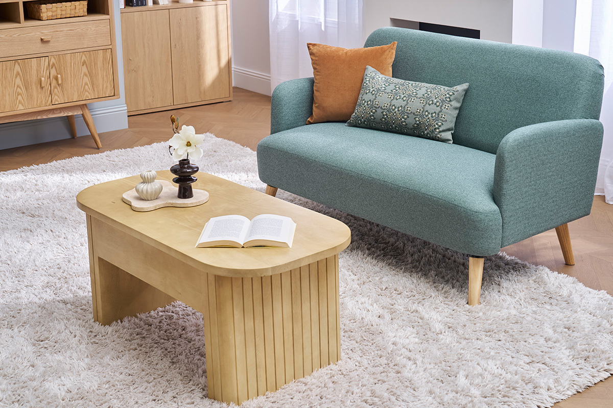 Canap scandinave 2 places en tissu vert de gris et bois clair ISKO