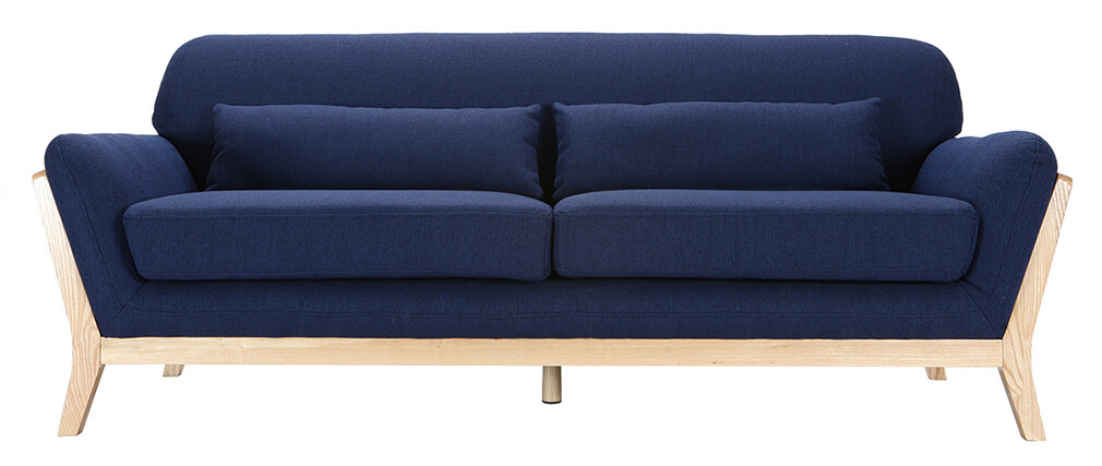 Canapé scandinave 3 places bleu foncé et bois YOKO - Zoom Canapé scandinave 3 places bleu foncé et bois YOKO