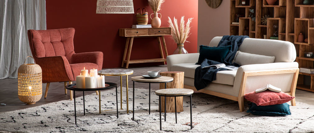 Canap� scandinave 3 places bleu fonc� et bois YOKO