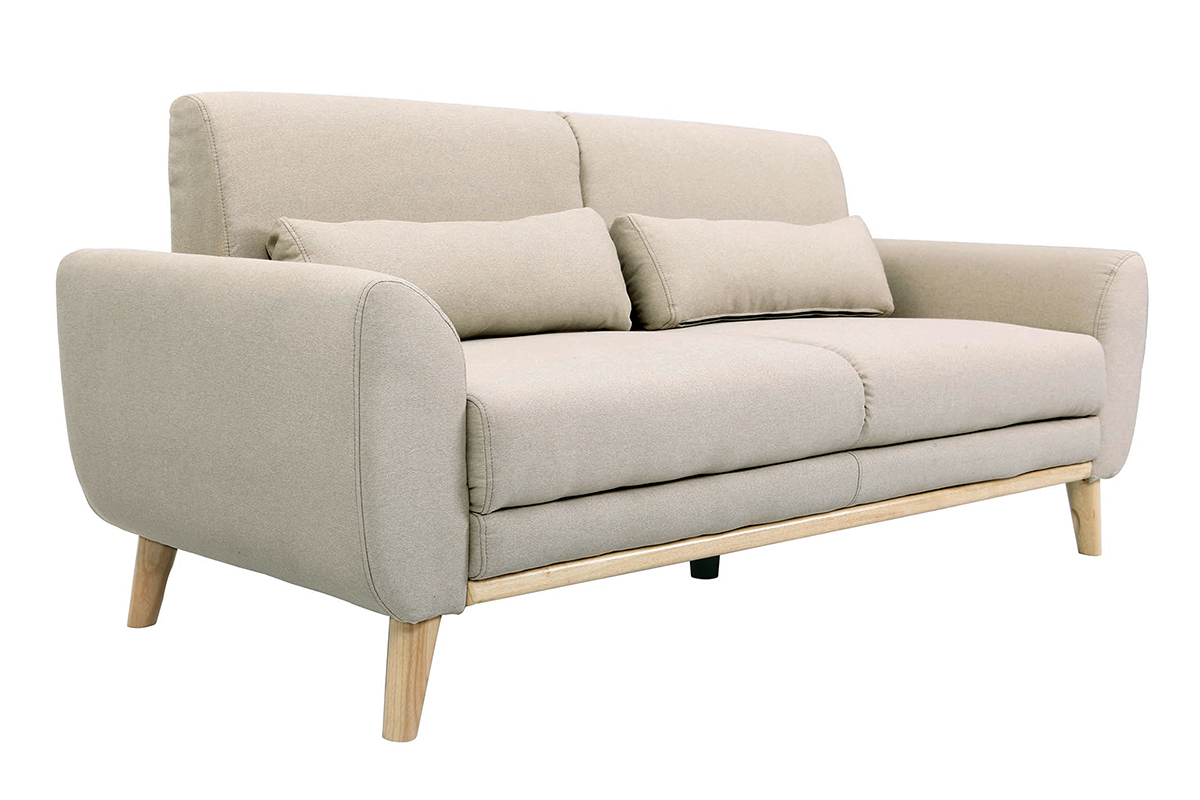 Canap scandinave 3 places en tissu beige et bois clair EKTOR