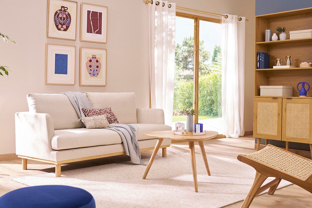 Canap scandinave 3 places en tissu beige et bois clair HOBART