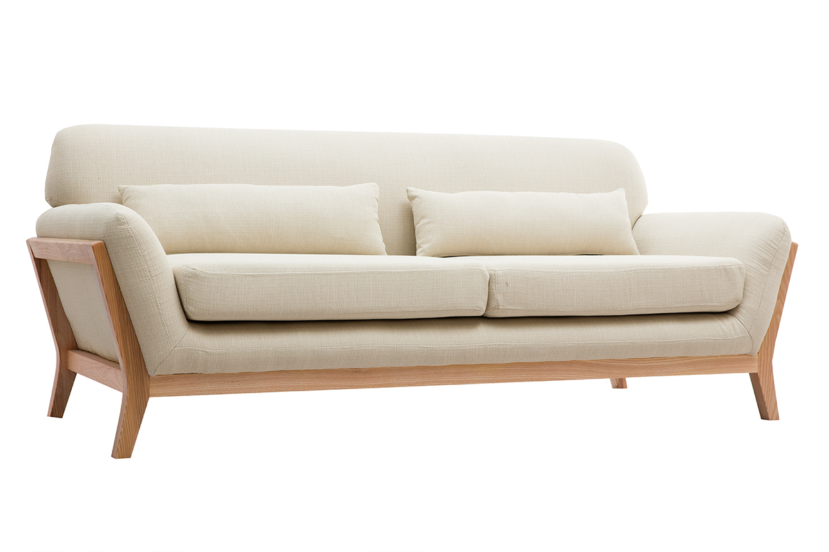 Canap scandinave 3 places en tissu beige et bois clair YOKO