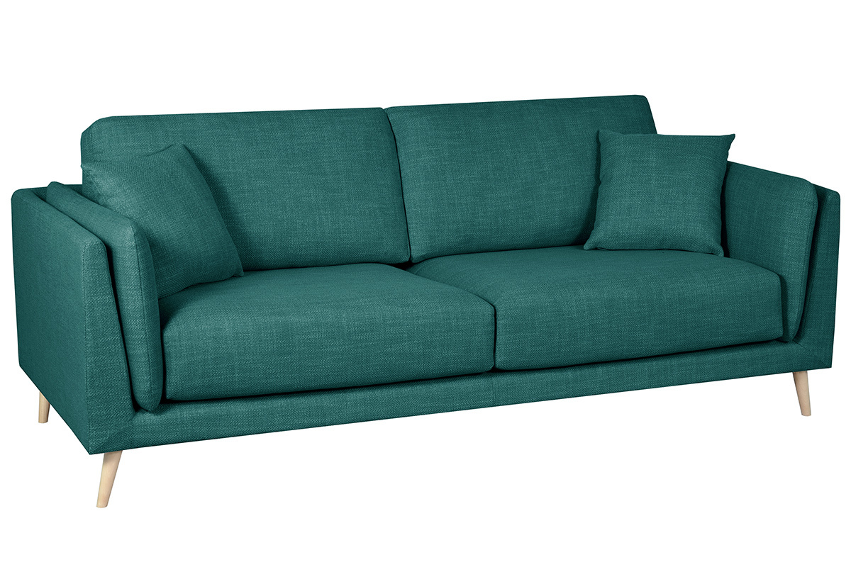 Canap scandinave 3 places en tissu bleu paon et bois clair VOGUE