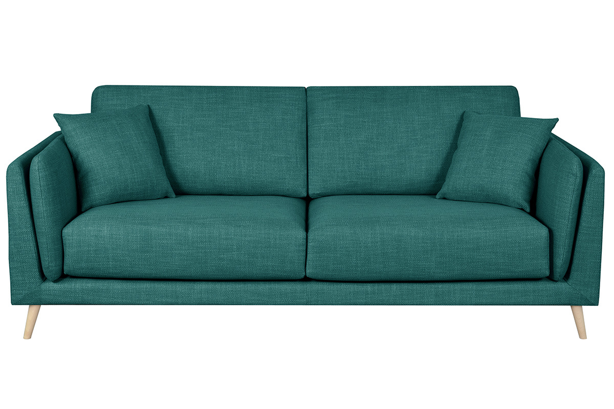 Canap scandinave 3 places en tissu bleu paon et bois clair VOGUE