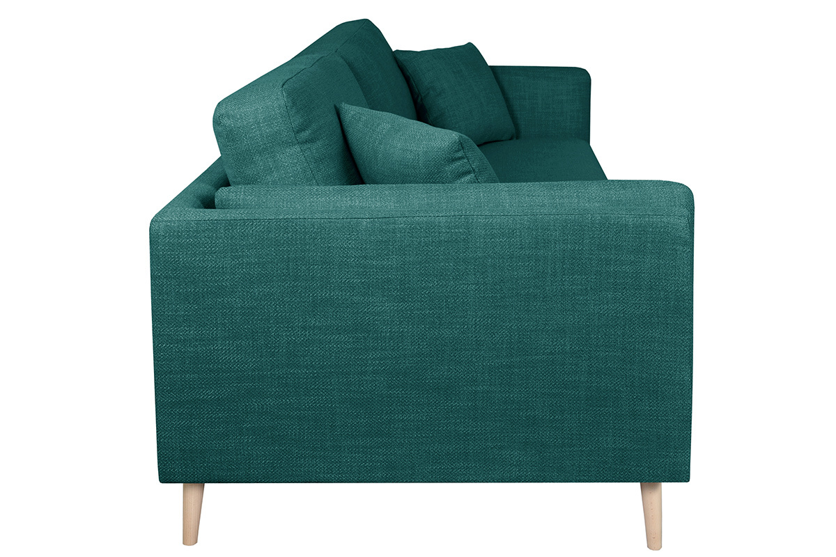 Canap scandinave 3 places en tissu bleu paon et bois clair VOGUE
