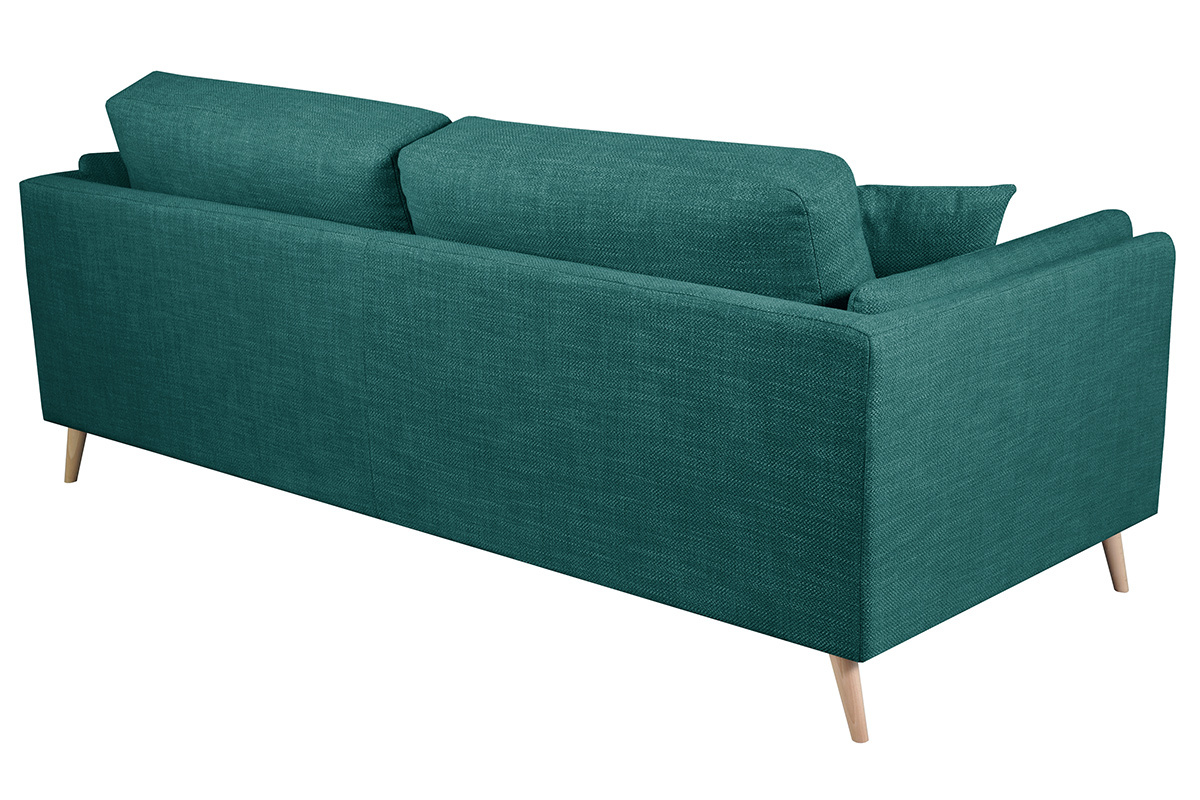 Canap scandinave 3 places en tissu bleu paon et bois clair VOGUE