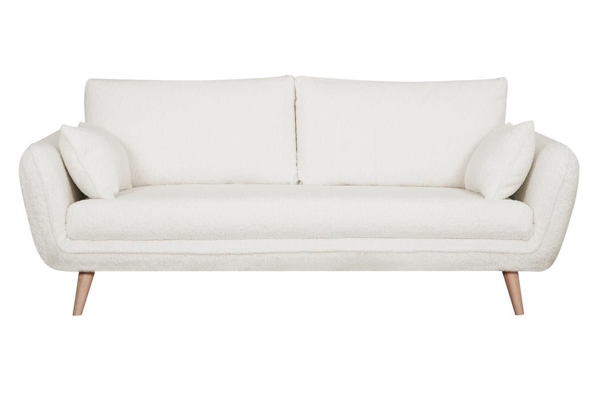 Canap scandinave 3 places en tissu effet peau de mouton blanc et bois clair CREEP