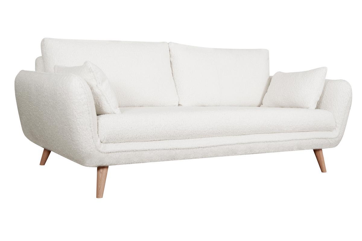 Canap scandinave 3 places en tissu effet peau de mouton blanc et bois clair CREEP