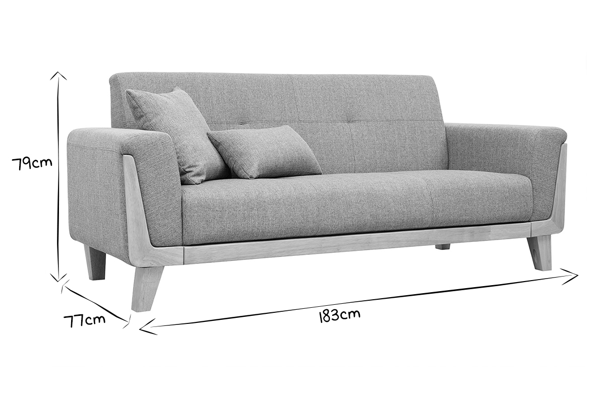 Canap scandinave 3 places en tissu effet velours blanc cass et bois clair FJORD