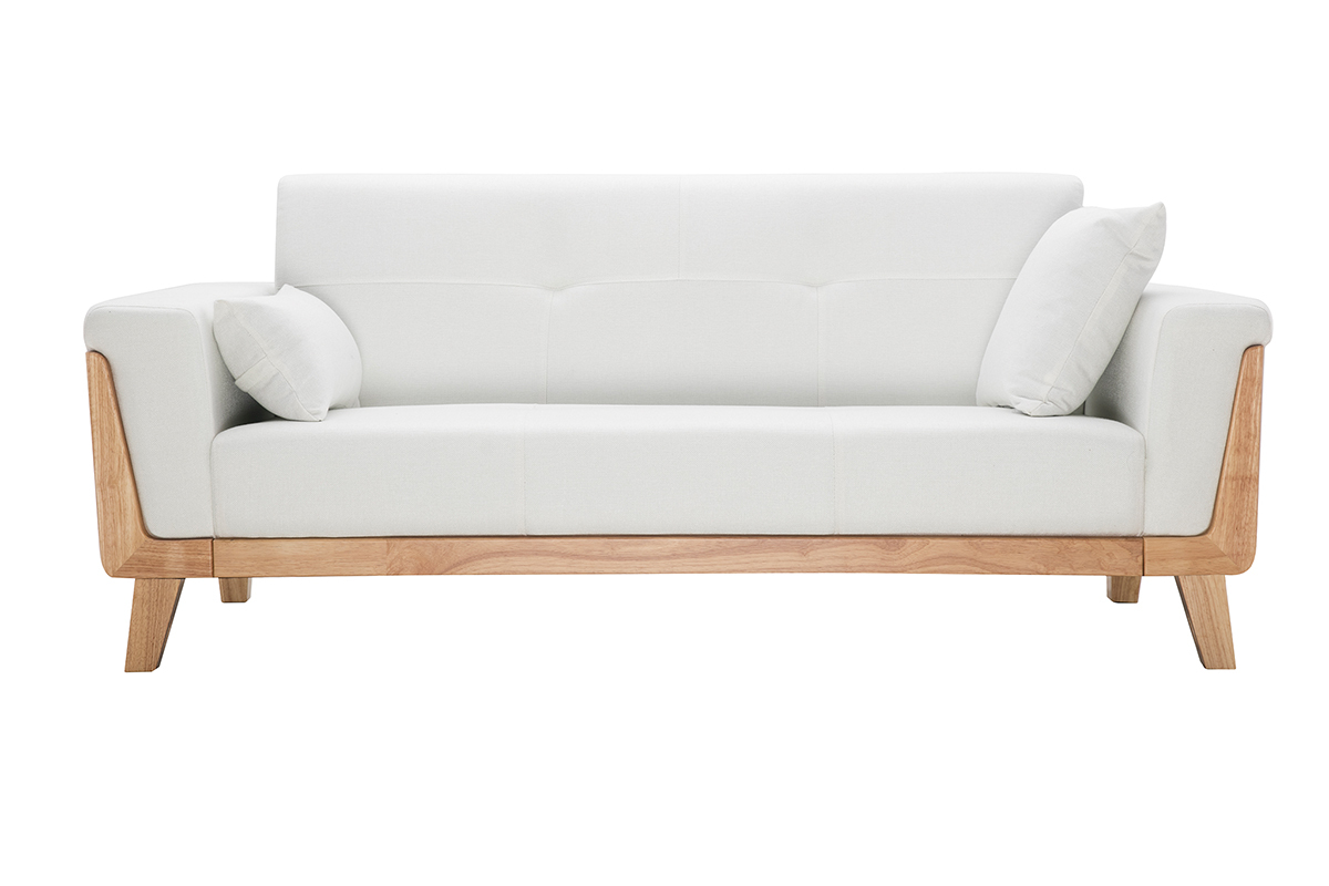 Canap scandinave 3 places en tissu effet velours blanc cass et bois clair FJORD