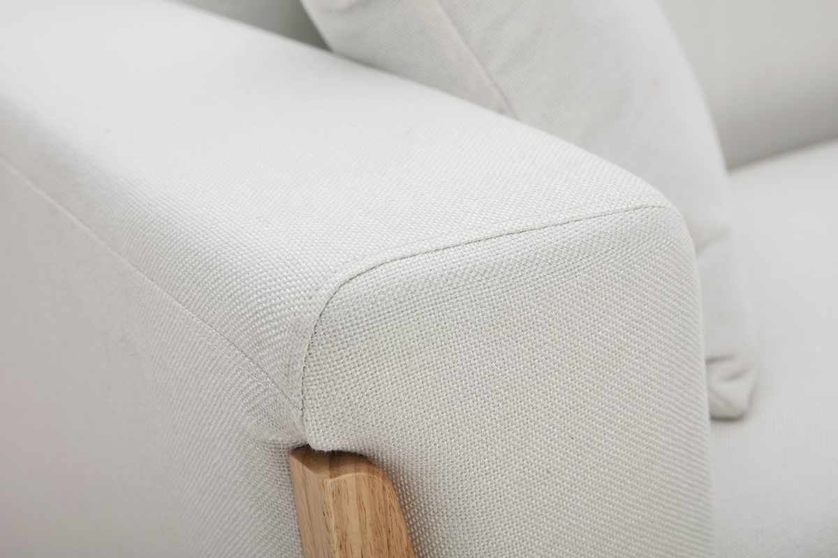 Canap scandinave 3 places en tissu effet velours blanc cass et bois clair FJORD