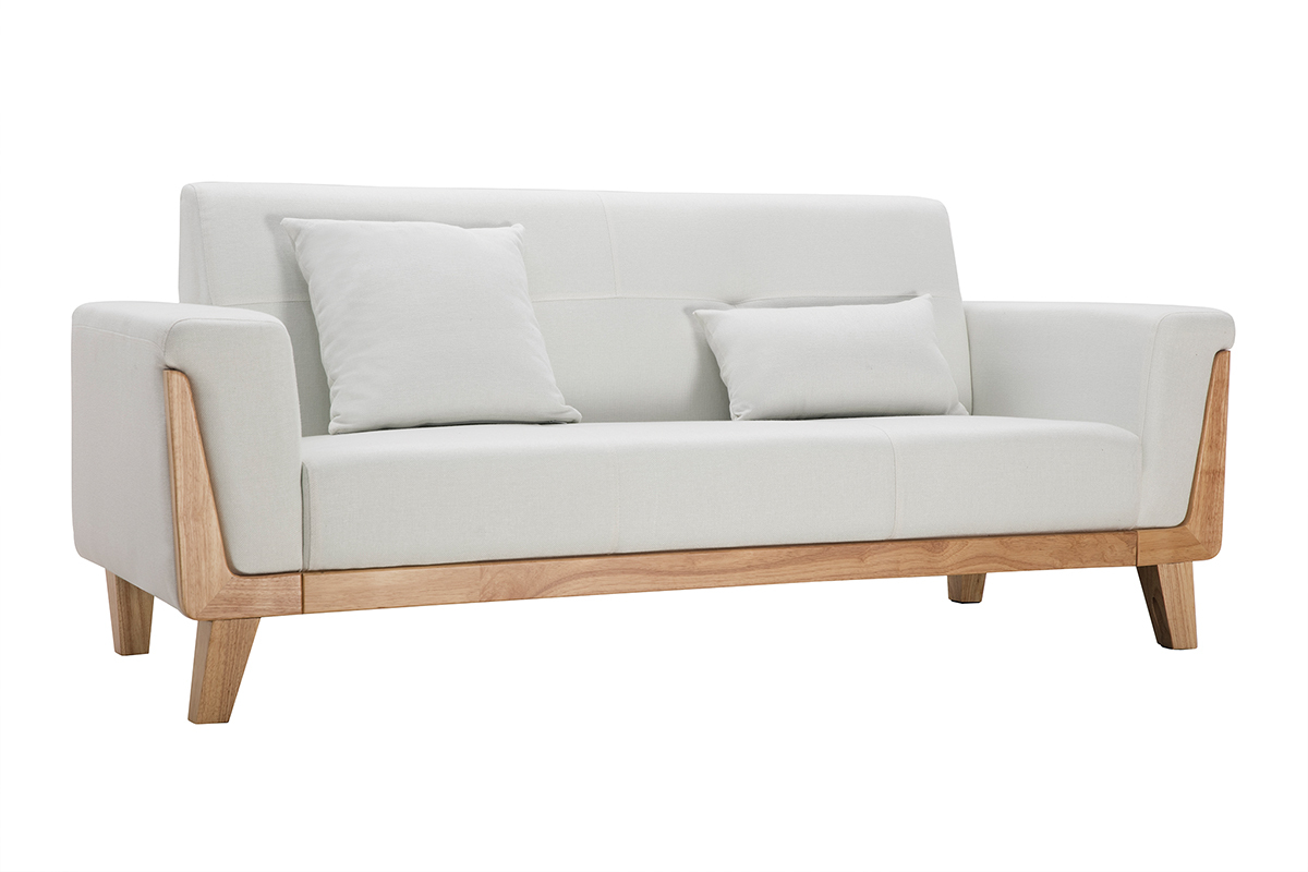 Canap scandinave 3 places en tissu effet velours blanc cass et bois clair FJORD