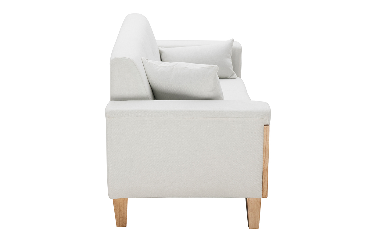 Canap scandinave 3 places en tissu effet velours blanc cass et bois clair FJORD