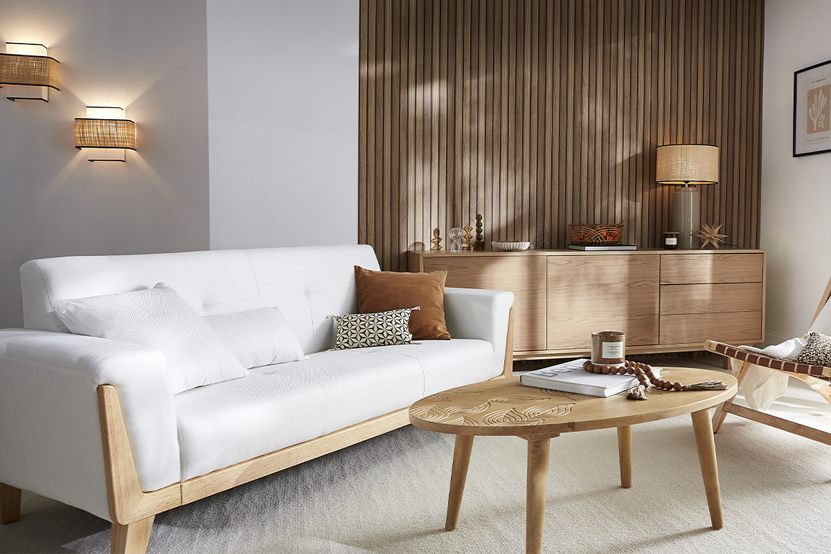 Canap scandinave 3 places en tissu effet velours blanc cass et bois clair FJORD