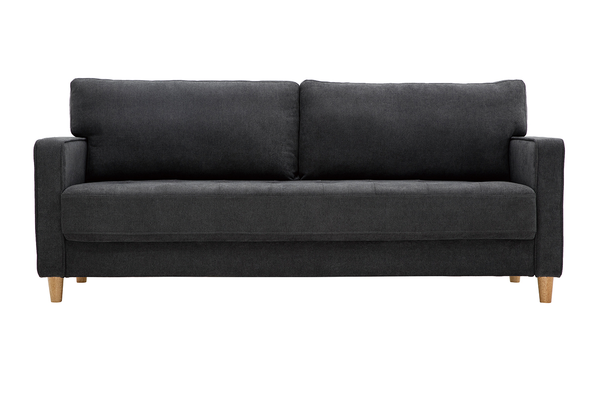 Canap scandinave 3 places en tissu effet velours gris fonc et bois clair CUMBIA