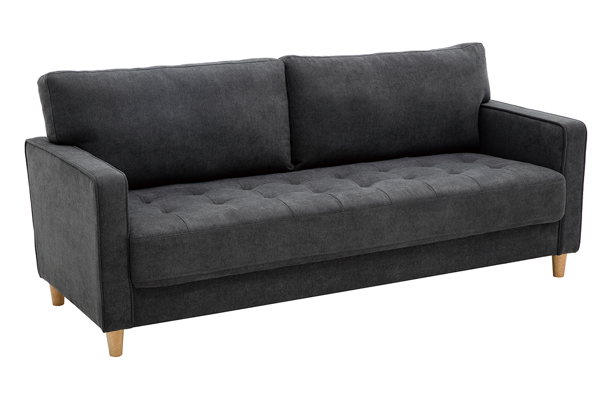 Canap scandinave 3 places en tissu effet velours gris fonc et bois clair CUMBIA