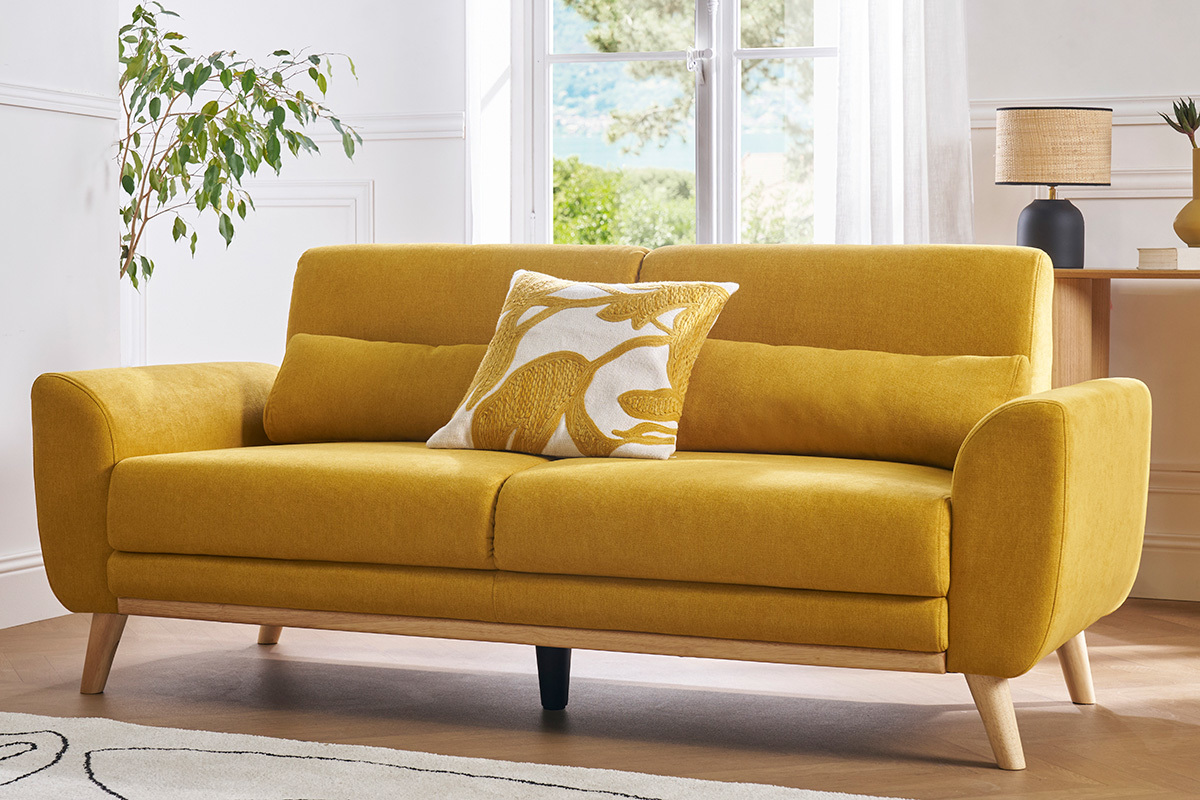 Canap scandinave 3 places en tissu effet velours jaune moutarde et bois clair EKTOR