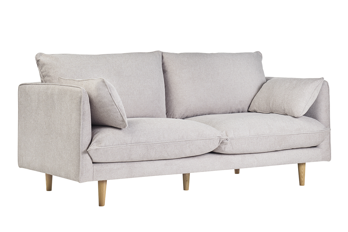 Canap scandinave 3 places en tissu effet velours textur beige et bois clair CLAYTON
